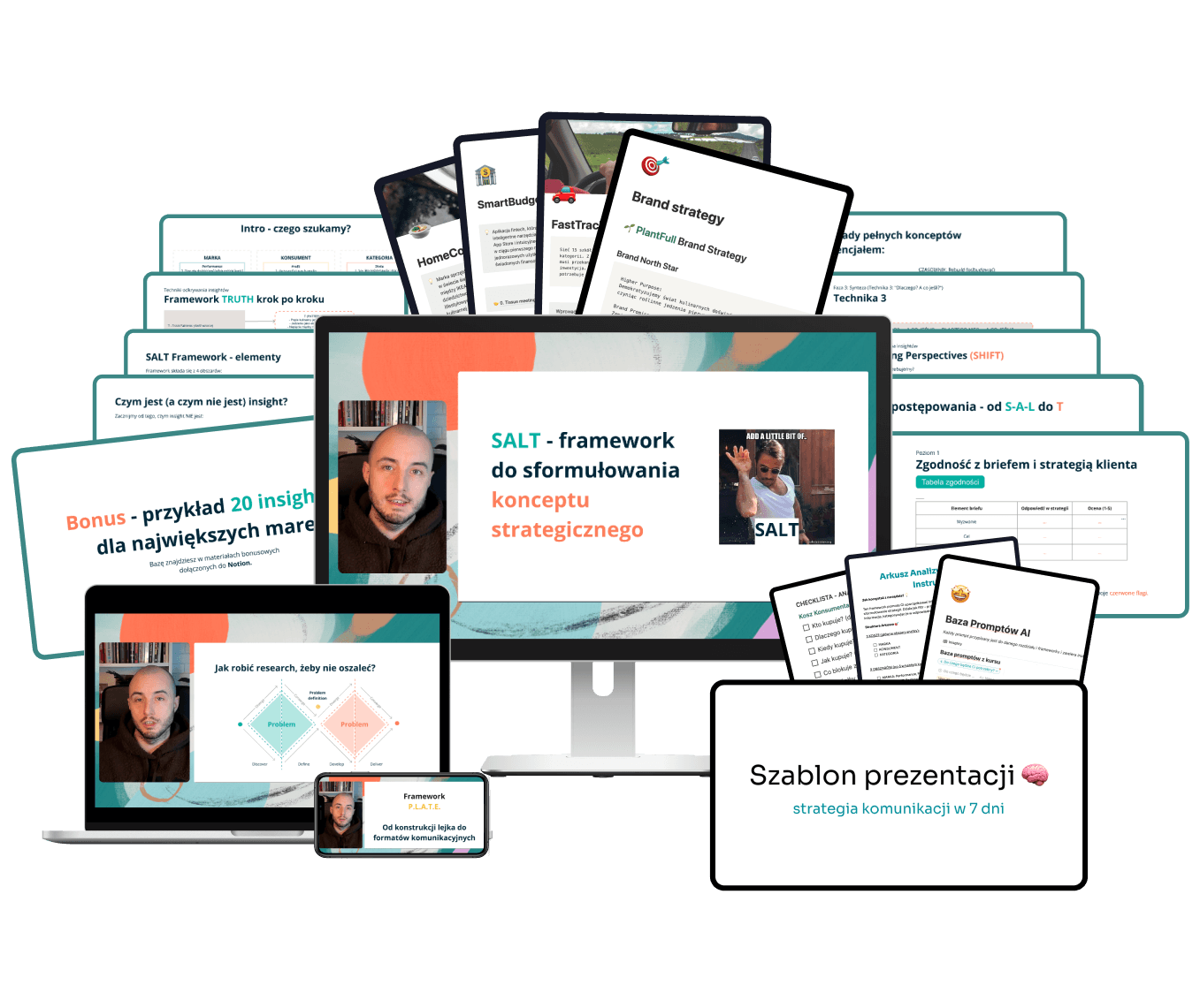 Materiały kursu strategii komunikacji – laptop, tablet i telefon z podglądem lekcji